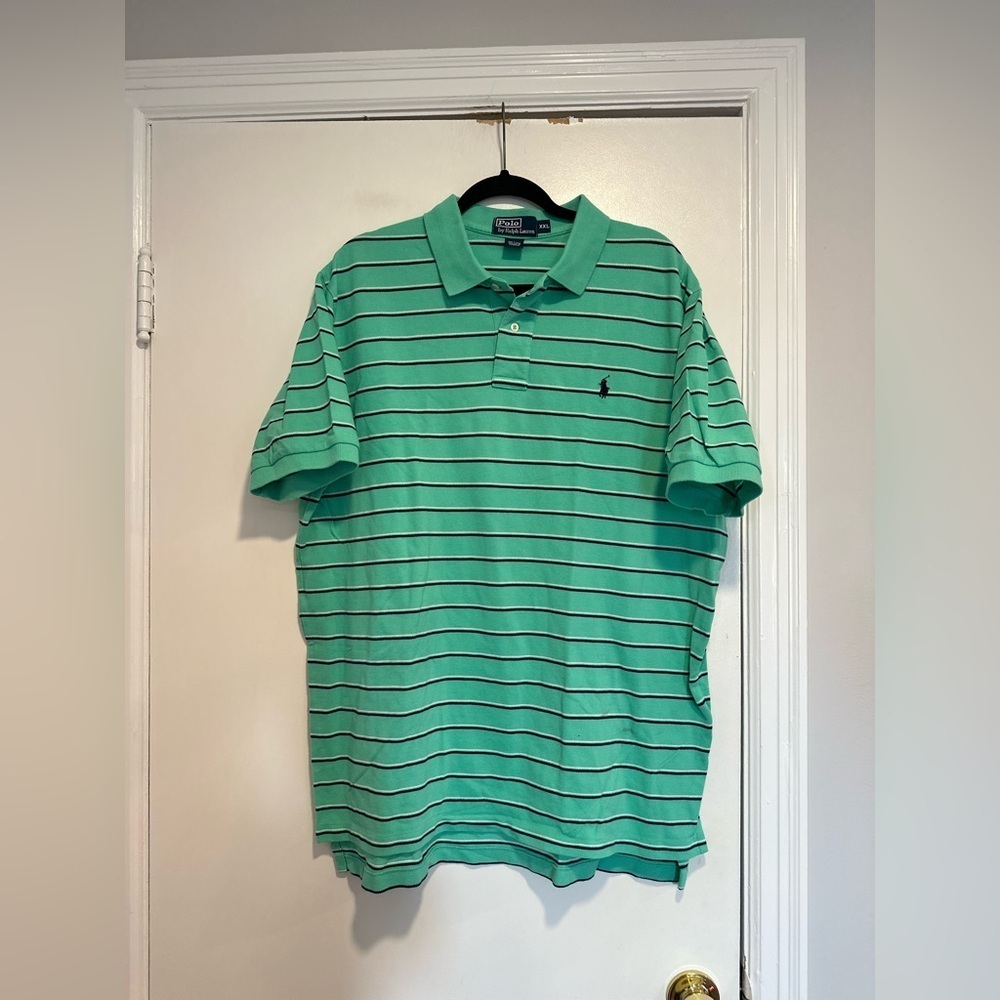 POLO RALPH LAUREN Sz:XXL Pique teal/ navy/striped Cotton Polo Short Sleeve Shirt